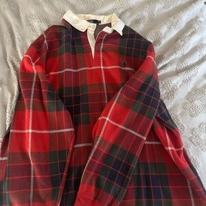 Men’s red plaid polo sweater (view all pictures there is a small hole)